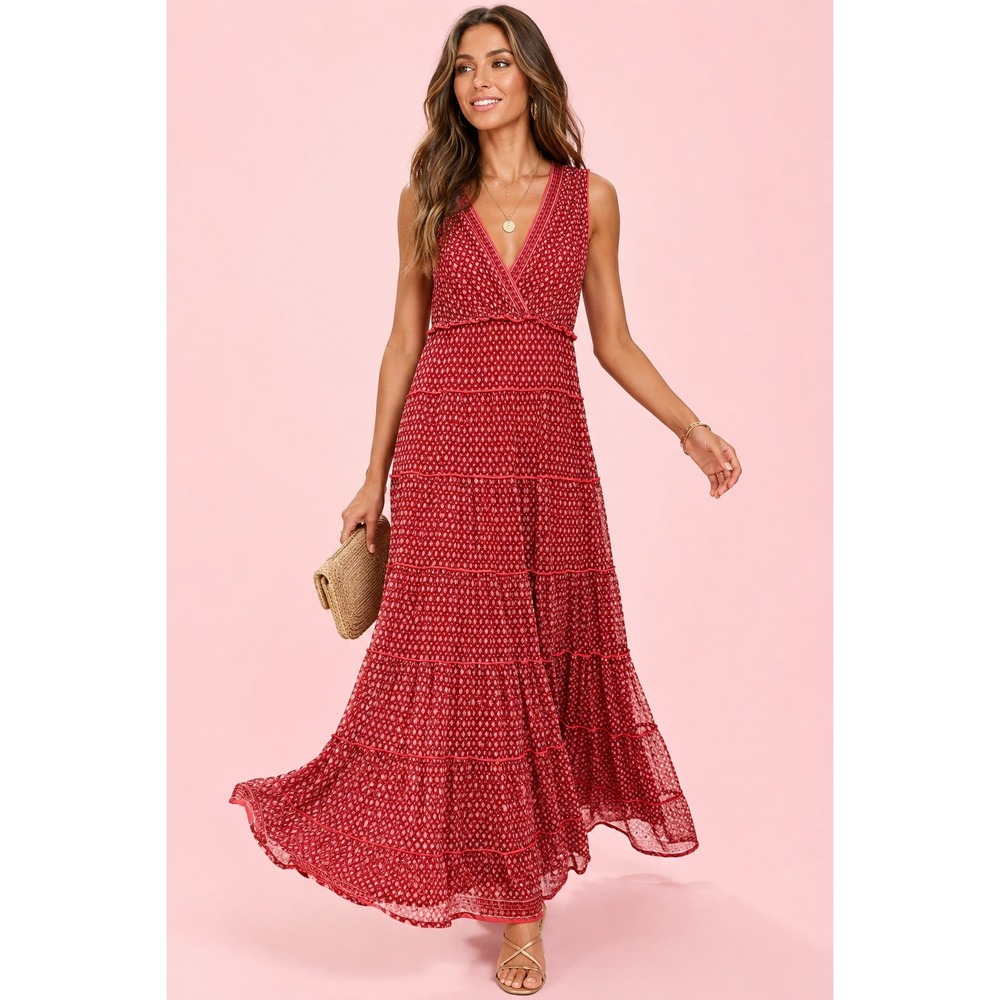 Max Studio London Red Geometric Mesh Tiered Boho Maxi Dress - S